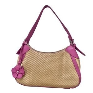 Fossil Vintage Straw Pink Leather Trim Shoulder Bag Flower Charm Hobo